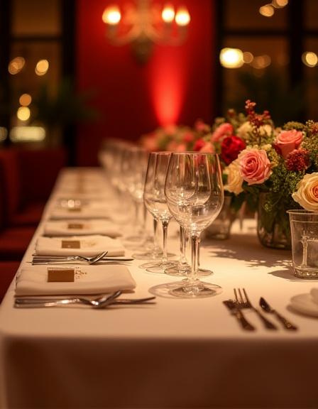 Eine elegant gedeckte Festtafel für eine exklusive Veranstaltung in einem luxuriösen Ambiente des Mistral Haus.