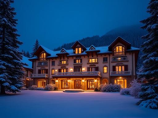 Das elegant beleuchtete Mistral Haus bei Nacht, umgeben von schneebedeckten Bäumen und einer ruhigen Atmosphäre.
