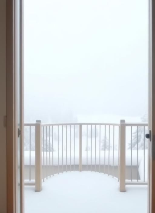 Blick vom Balkon einer luxuriösen Suite im Mistral Haus auf die verschneite, ruhige Landschaft.